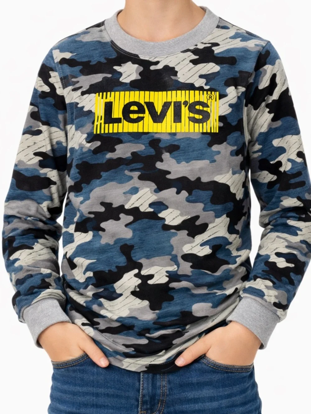 LEVI’S Boys Camo Long Sleeve Logo Tee Blue Gray Size L 12 - 13